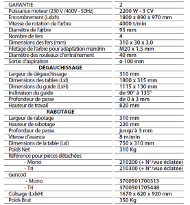 RABOTEUSE/DEGAUCHISSEUSE EN 310mm RAD310T Triphasé