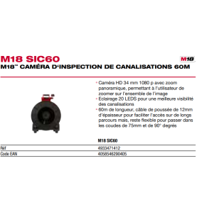 M18 SIC60-0 - Caméra d’inspection de canalisations 60 m, tête  Ø34mm, 18V, sans batterie