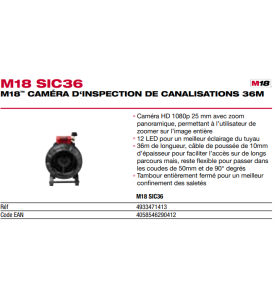 M18 SIC36-0 - Caméra d’inspection de canalisations 36 m, 18V, sans batterie