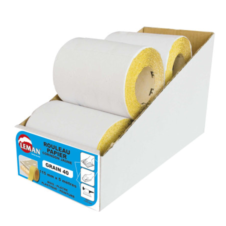 Vente de ROULEAU PAPIER 115 mm X 5 ml GR 40 CORINDON JAUNE Leman, numéro 7710 / mn_11605.040 à 9,16 €HT soit 10,99 €TTC. 