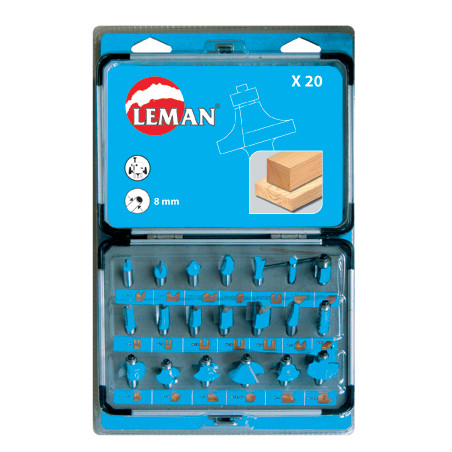 Vente de COFFRET 20 Méches de défonceuse carbure assorties Queue 8 mm Leman, numéro 9524 / mn_428.700.20 à 81,24 €HT soit 97,49 