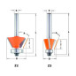 Fraises à chanfreiner et affleurer - A : 45° - D : 27 - l : 5.5 - L : 51.5 - Z : 2 - S : 6 - Rotation : DROITE