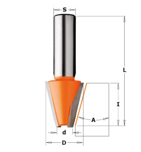 Vente de Fraises à chanfreiner pour matériaux composites - D : 23 - d : 9.52 - l : 25.4 - A : 15° - L : 63.5 - S : 12 - Rotation