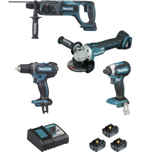 Ensemble de 4 machines 18 V Li-Ion 5 Ah  (DGA504 + DDF482 + DHR241 + DTD153) Makita ref DLX4080TX1