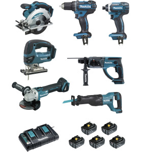 Ensemble de 7 machines  (DDF482 + DTD152 + DGA504 + DSS610 + DHR202 + DJR186 + DJV180) Makita ref DLX7013PT1