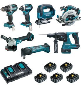 Ensemble de 7 machines  (DDF484 + DTD154 + DGA506 + DHS680 + DHR243 + DTM51 + DJV182) Makita ref DLX7014PTJ